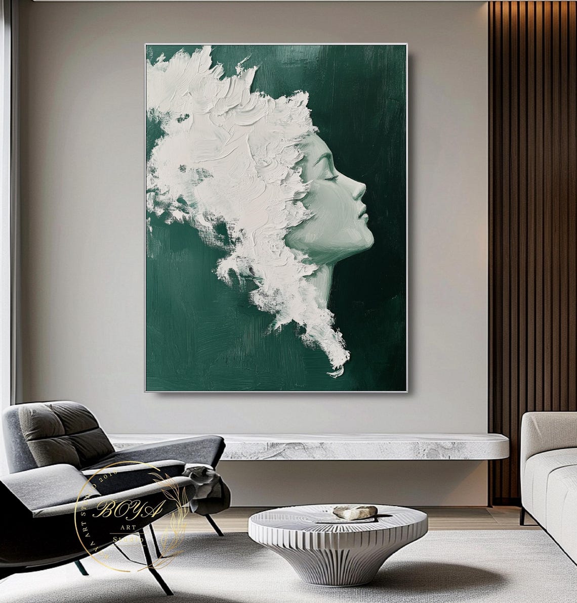 Woman Profile Sculpted in White Impasto on Emerald Green Poster - Image 4