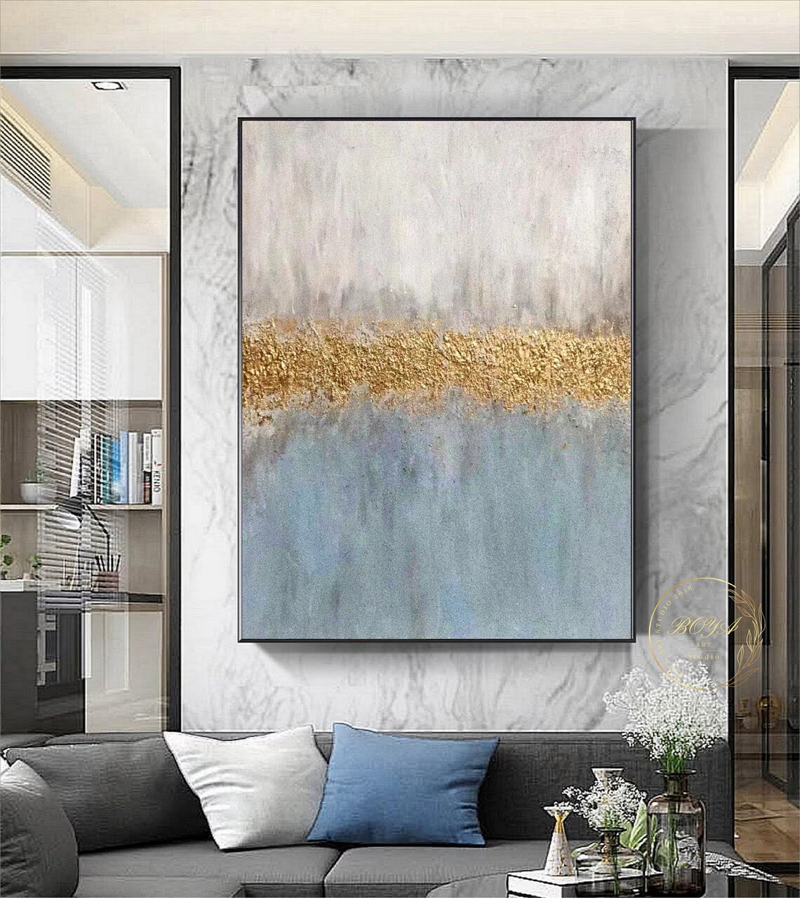 Blue Abstract Painting, Gold Textured Minimalist Art - Image 5