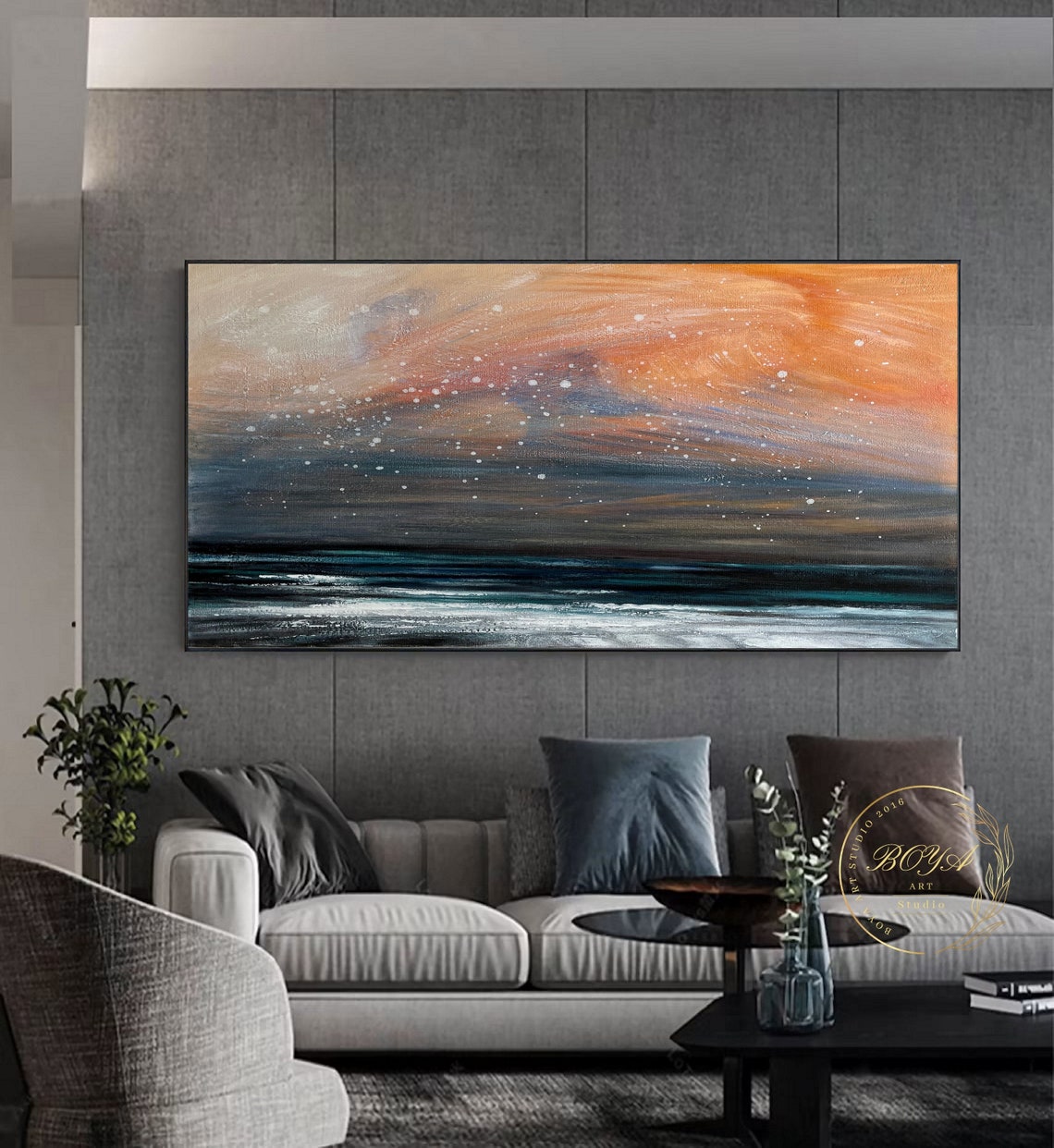 Fiery Dusk Sky Melting Over a Deep Teal Ocean Abstract Poster - Image 3