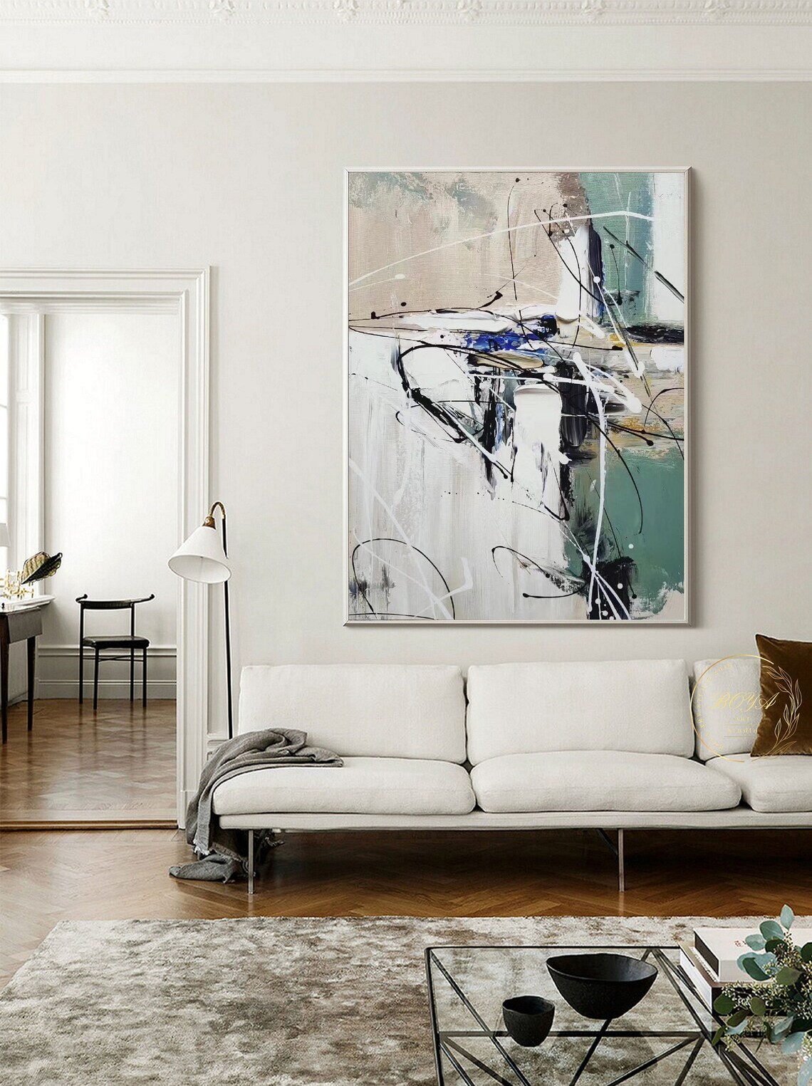 Light Beige Abstract Line Art, Modern Wall Art Print - Image 2