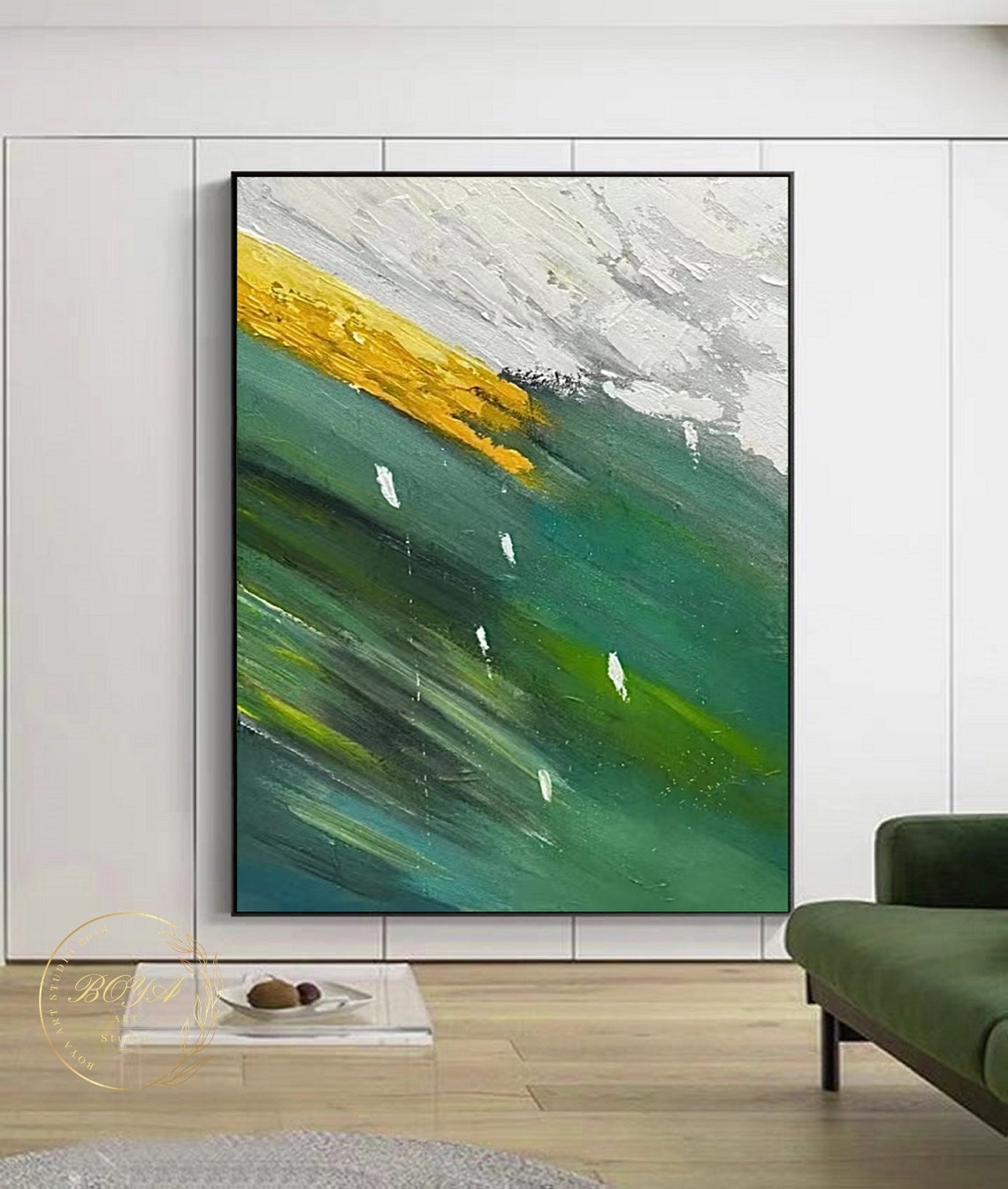 Diagonal Green Abstract with Bold Gold Band Modern Artwork Poster - Image 5