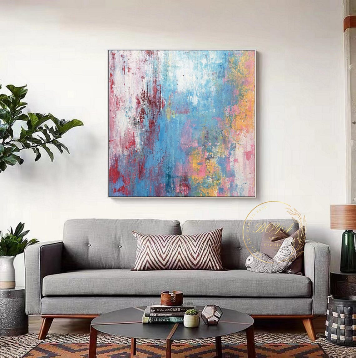 Blue Pink and Gold Textured Strokes Abstract Painting Poster - Image 3