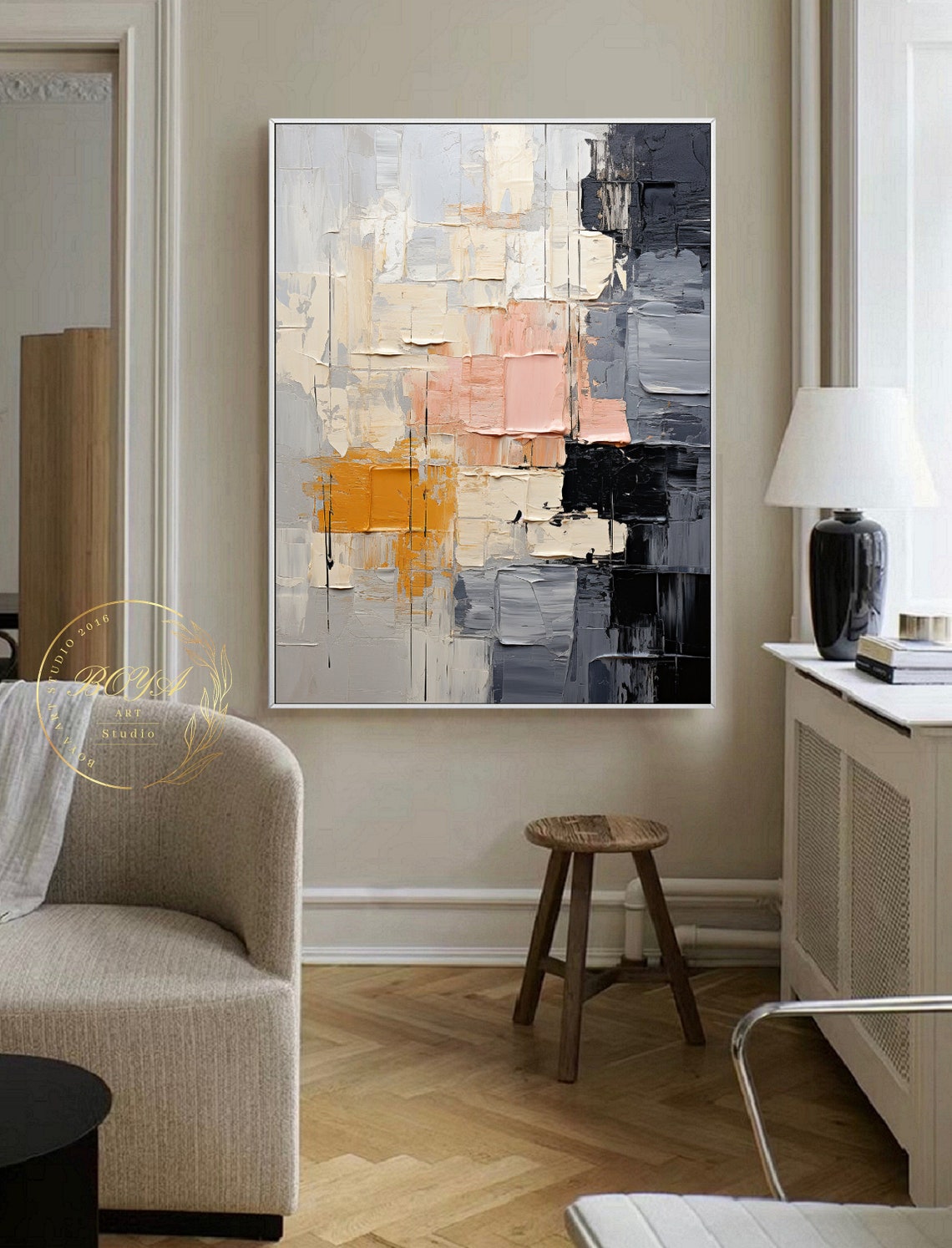Original Black White Textured Art Large Black White Painting Pink Abstract Painting Minimalist Wall Art Beige Oil Painting Gray Art - Image 4