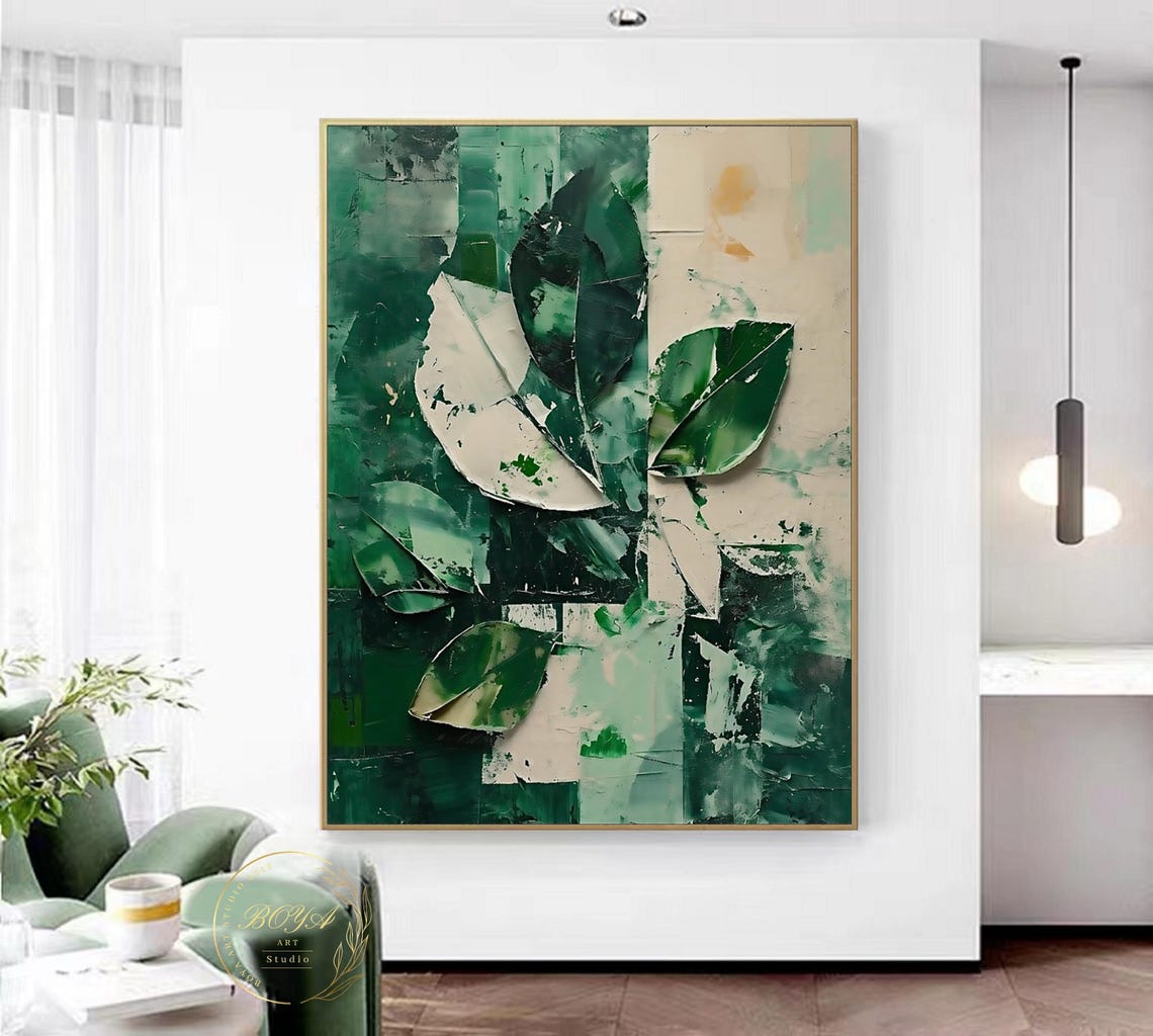 Green and White Textured Leaf Abstract 3D Impasto Artwork Poster - Image 3