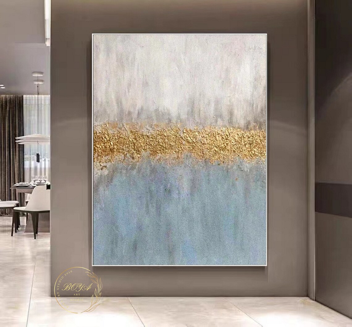 Blue Abstract Painting, Gold Textured Minimalist Art - Image 3