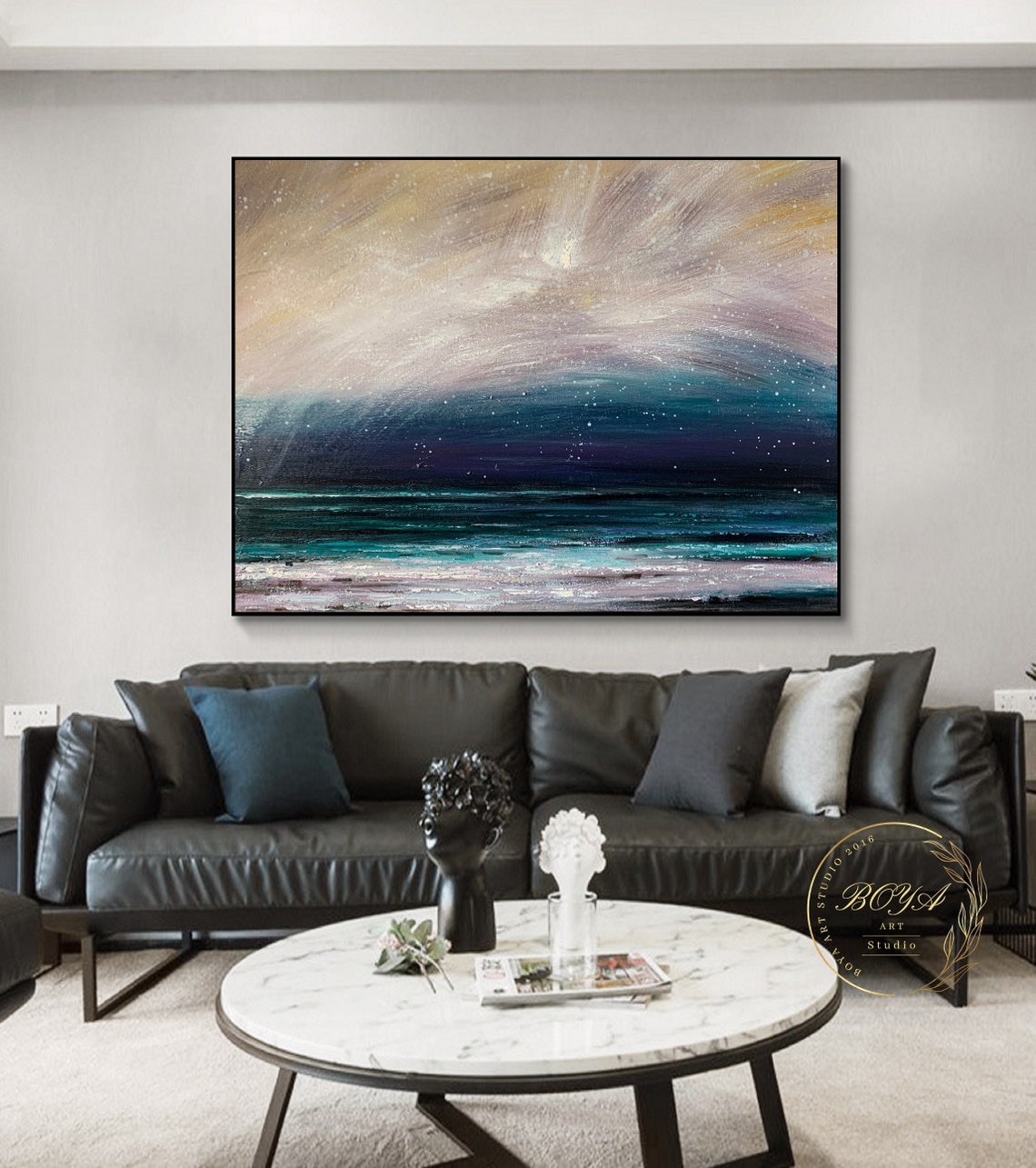 Starry Night Over the Ocean in Teal and Gold Abstract Poster - Image 4