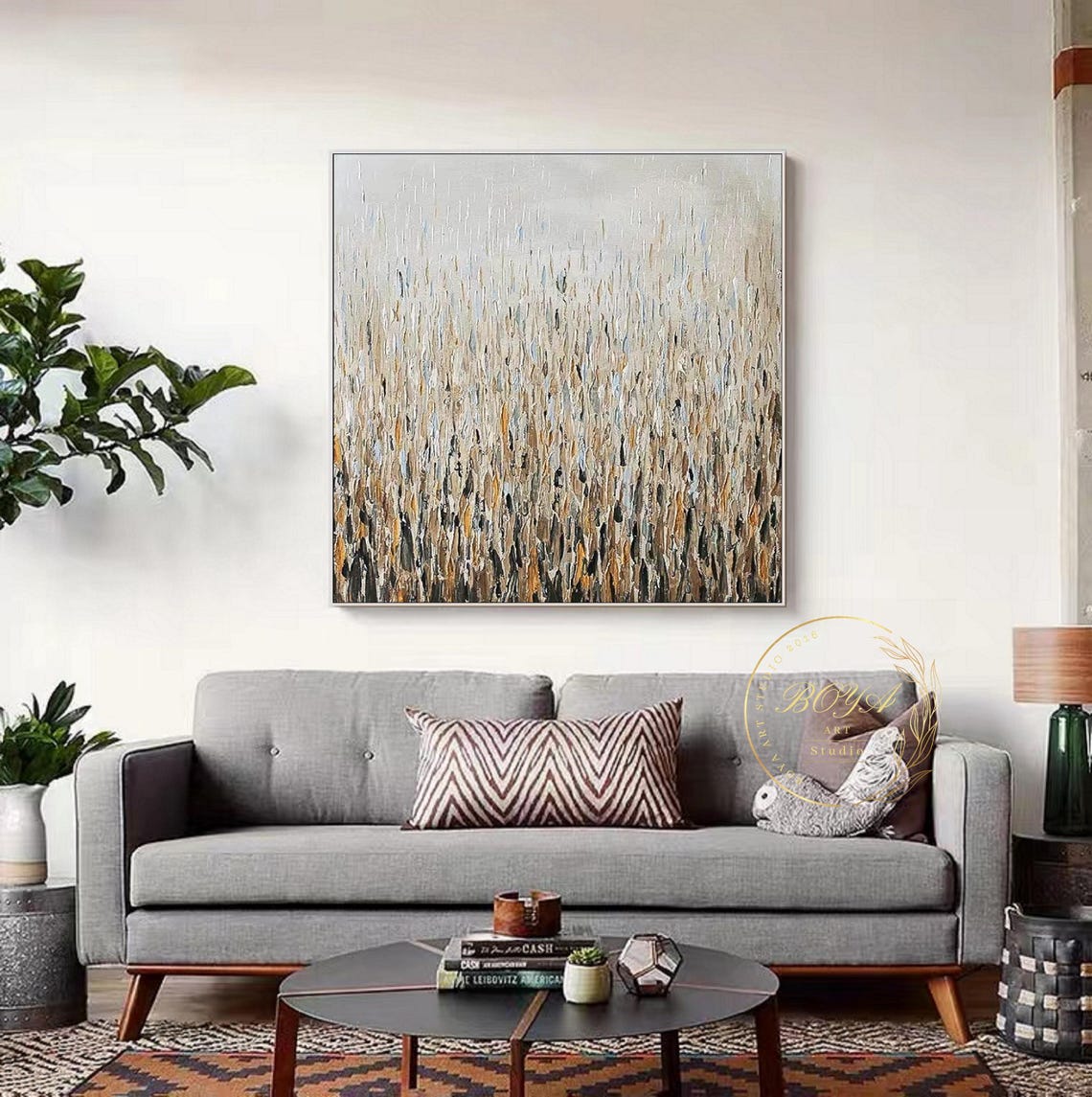 Golden Beige Vertical Texture Abstract Wheat Field Artwork Wall Art - Image 2