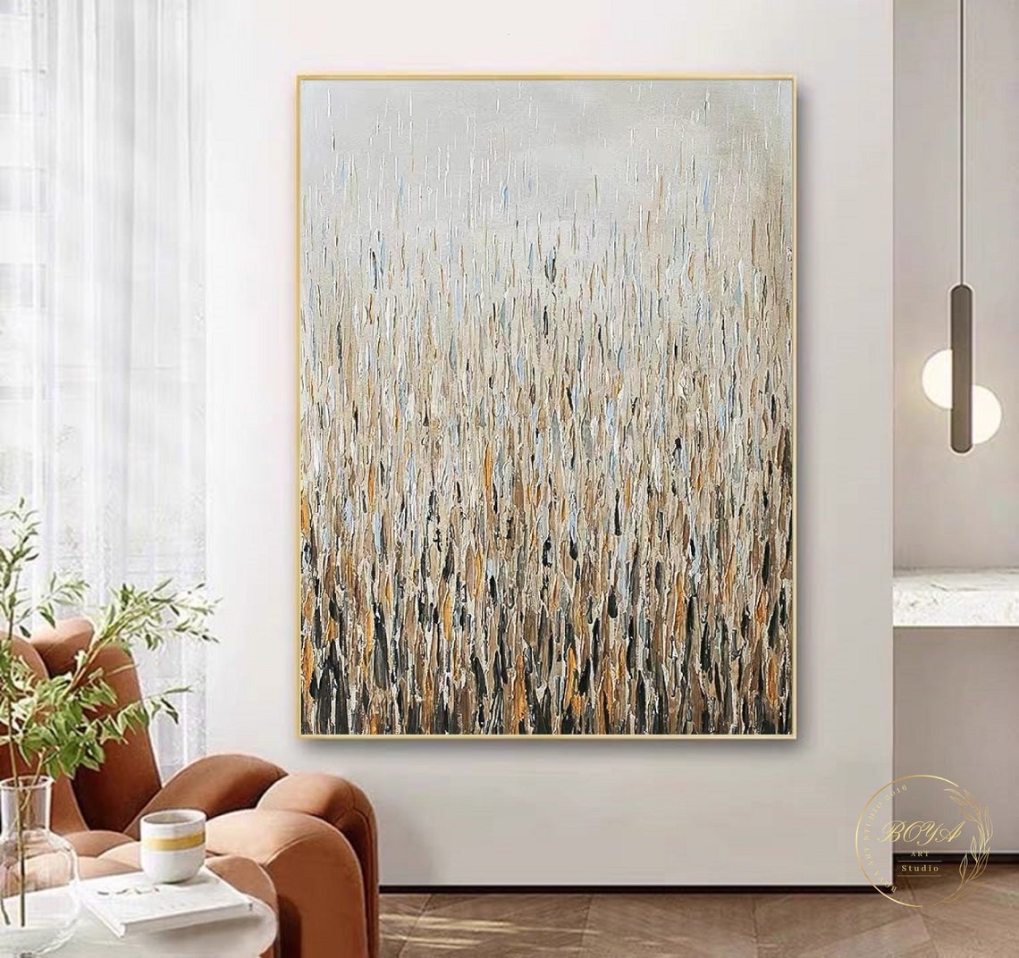 Elegant Beige Gold Vertical Streak Rain Abstract Painting Poster - Image 5