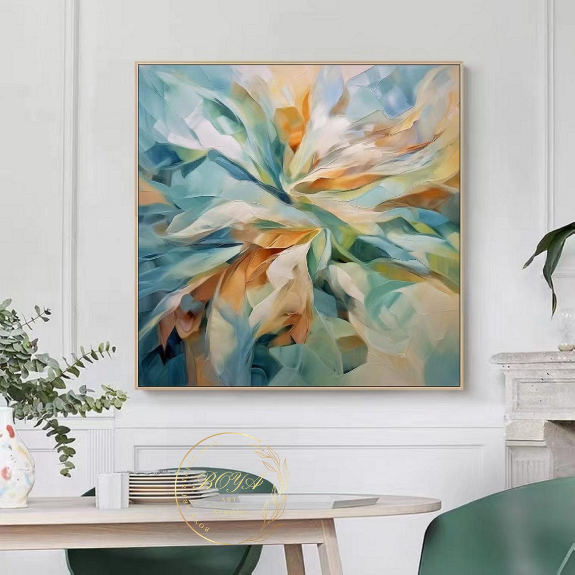 Blue Orange and Teal Blooming Flower Abstract Art Painting Poster - Image 4