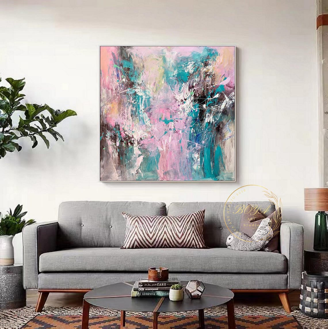 Pink Teal and White Splash Energetic Abstract Painting Poster - Image 3