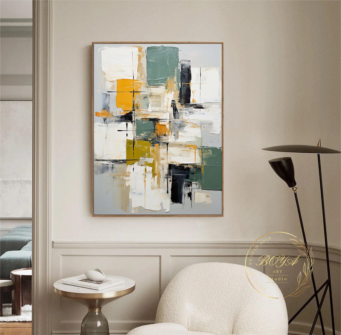 White Sage Mustard Black Modern Geometric Abstract Painting Poster - Image 2