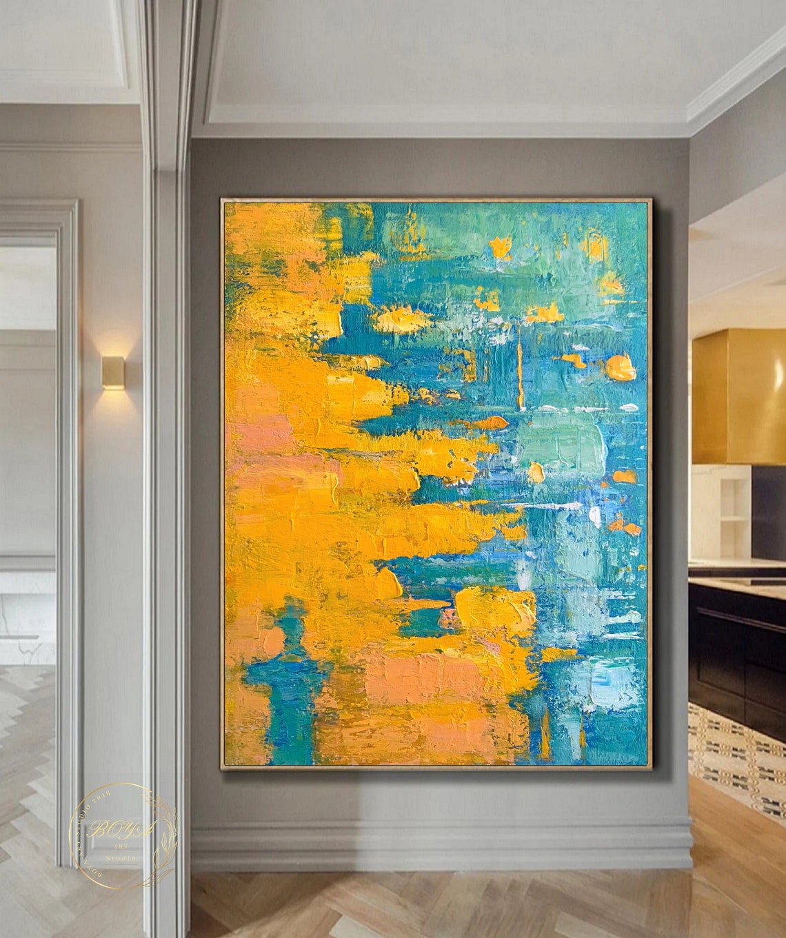 Yellow and Turquoise Bold Abstract Impasto Painting Artwork Poster - Image 2