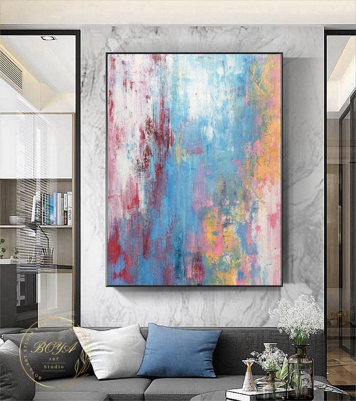 Light Blue Pink and Gold Loose Brushstroke Airy Abstract Poster - Image 4
