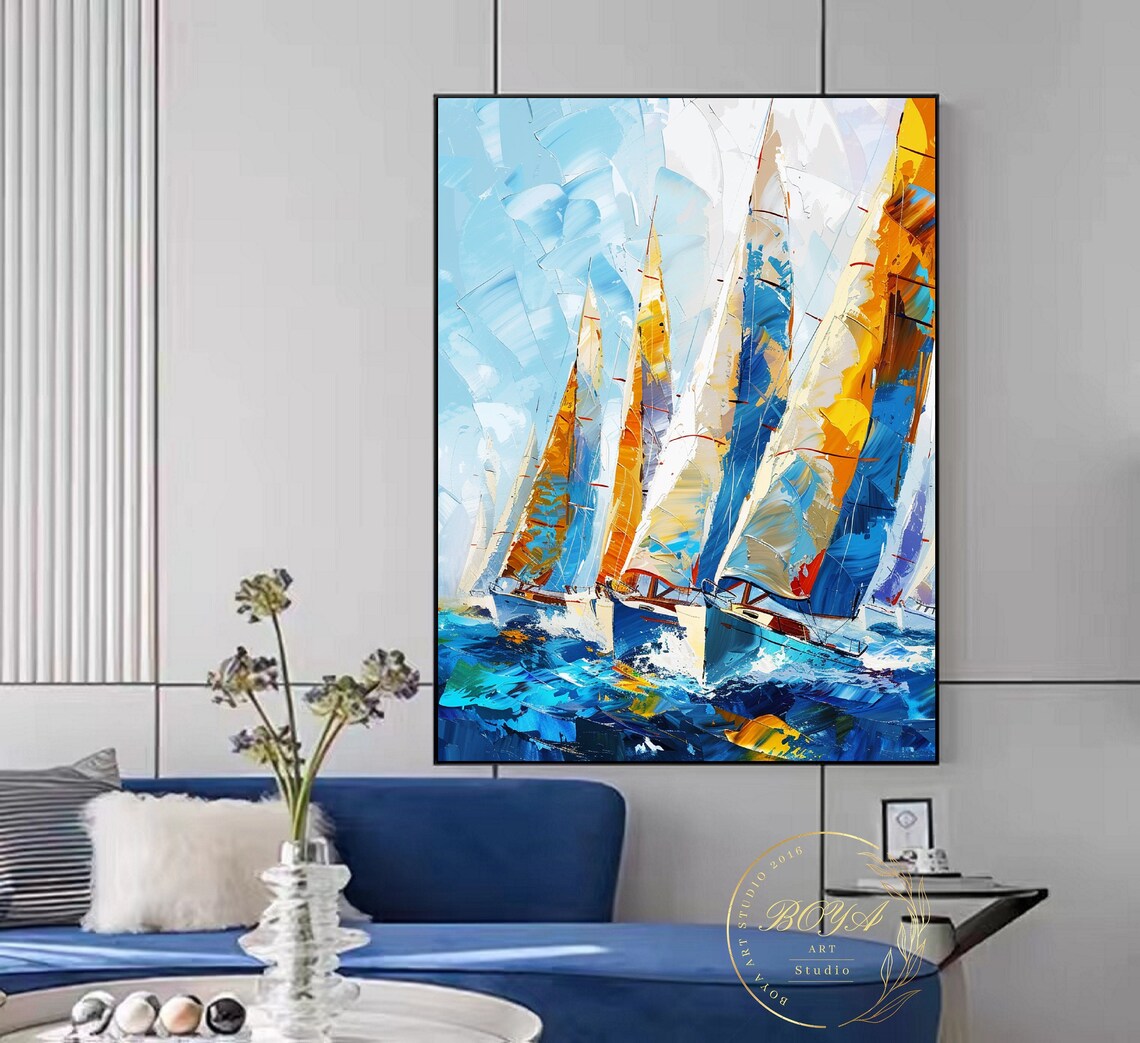 Sailboat Regatta in Orange and Blue Abstract Nautical Art Poster - Image 4