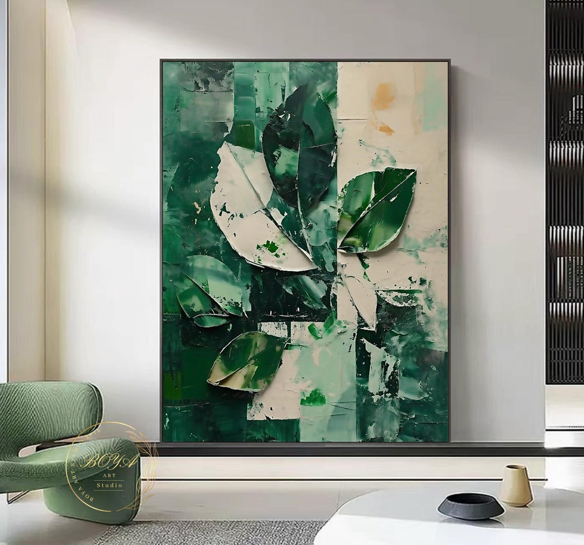 Green and White Textured Leaf Abstract 3D Impasto Artwork Poster - Image 4