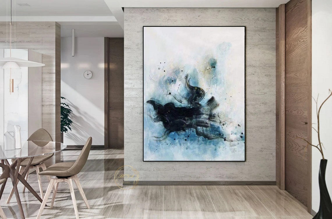 Horizontal Dark Ink Wash on White and Blue Abstract Artwork Poster - Image 3