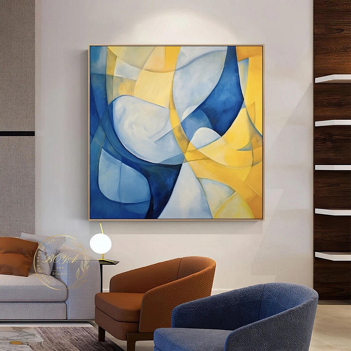 Flowing Curved Blue and Yellow Ribbon Abstract Painting Poster - Image 2