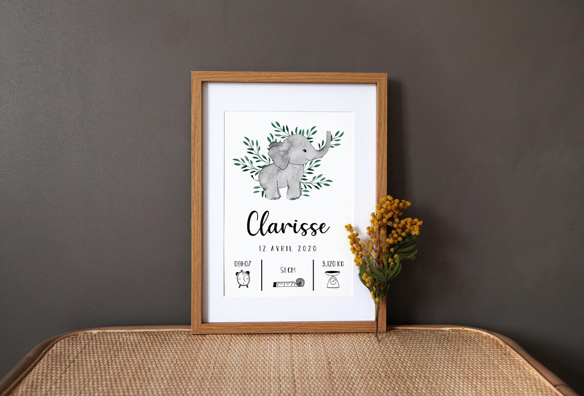 Personalized Birth Elephant Watercolor Poster