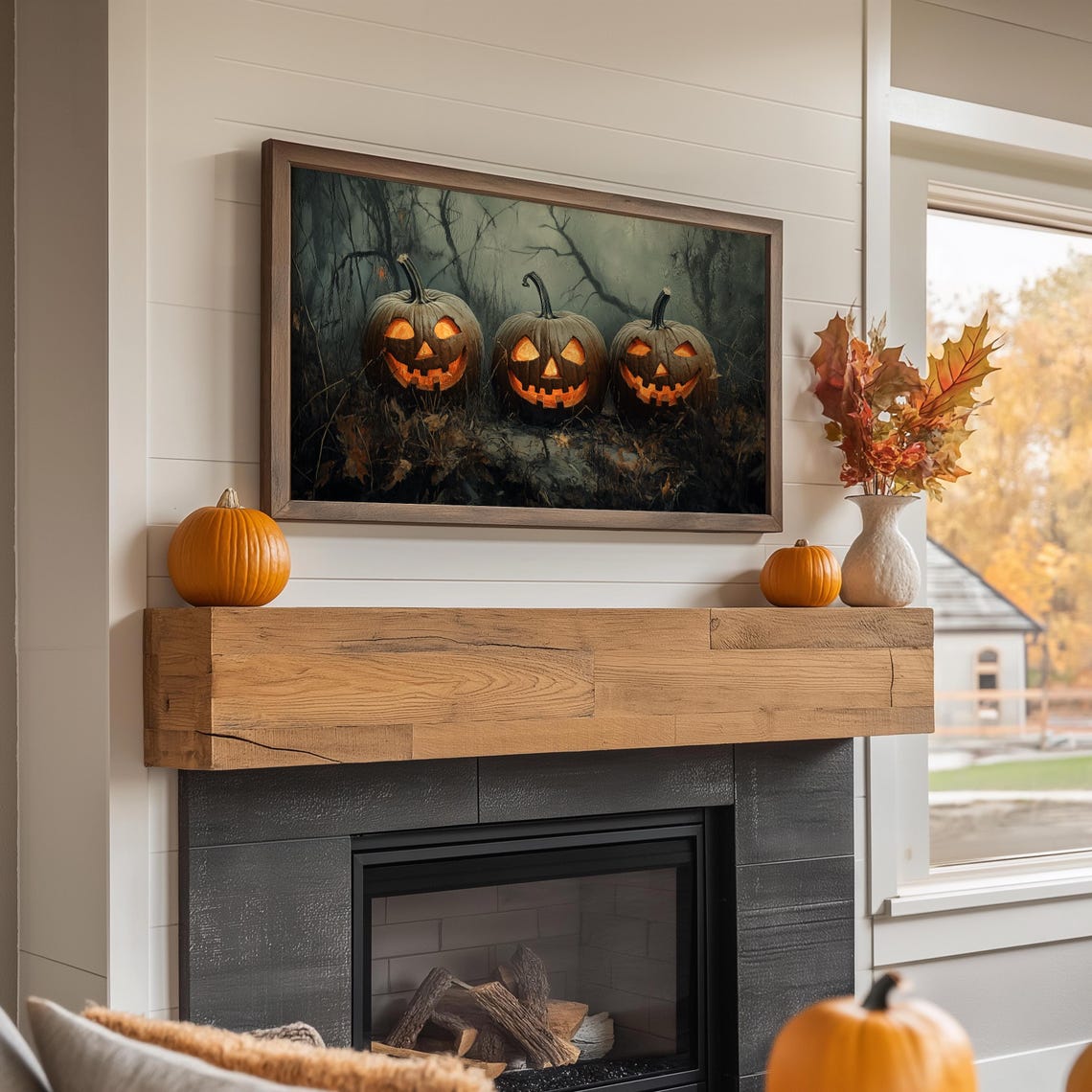Three Glowing Jack O Lanterns in Misty Dark Forest Halloween Poster - Image 4