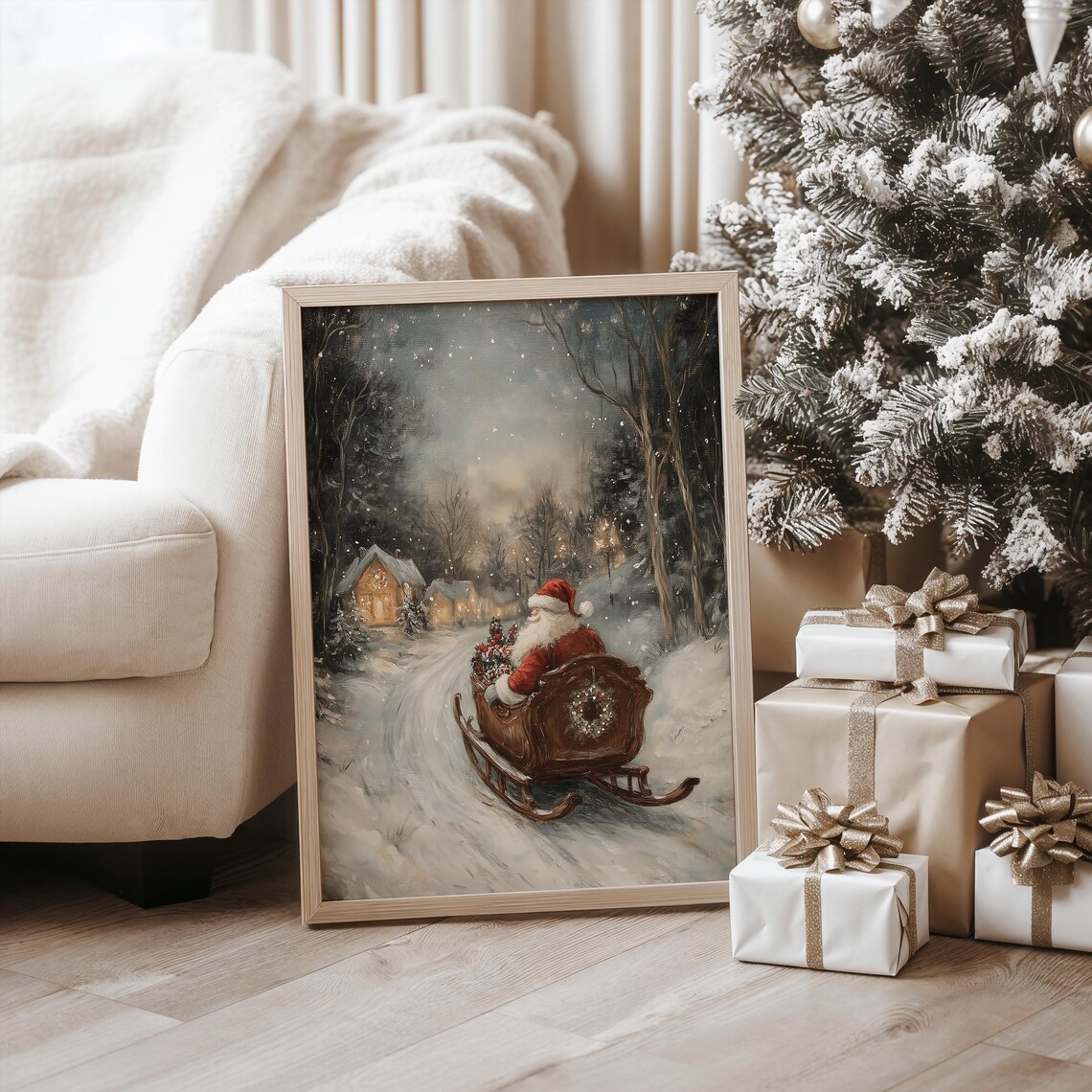 Santa In Sleigh Christmas Wall Art Print, Cozy Winter Decor - Image 2