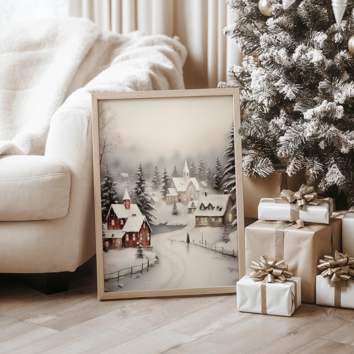 Winter Watercolor Christmas Village Holiday Art Print - Image 2