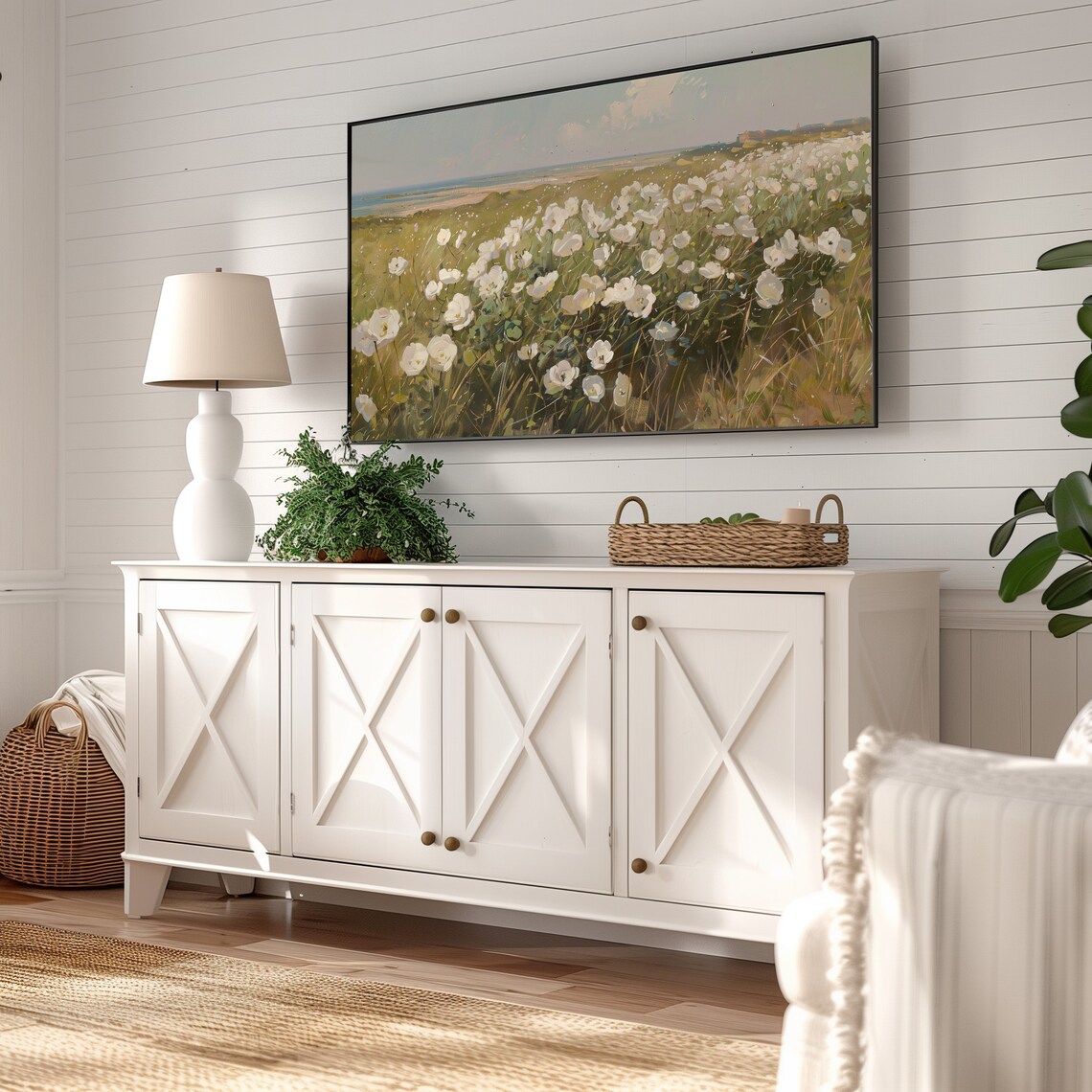 Coastal White Wildflower Field Painting With Sea Horizon Poster - Image 2