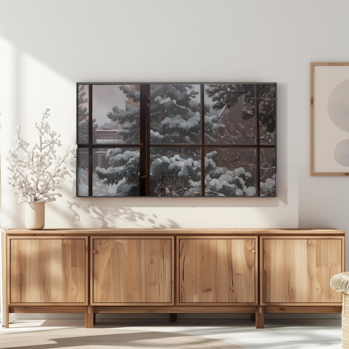 Snowy Pines Seen Through Frosted Window Panes Winter Frame TV Poster