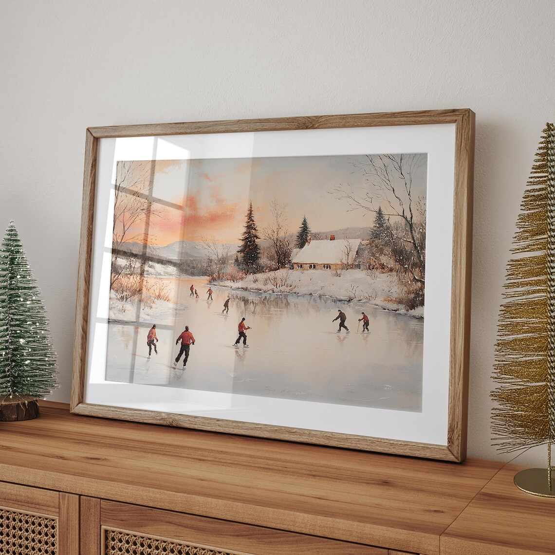 Ice Skaters on Frozen Pond at Sunset Vintage Winter Scene Poster - Image 4