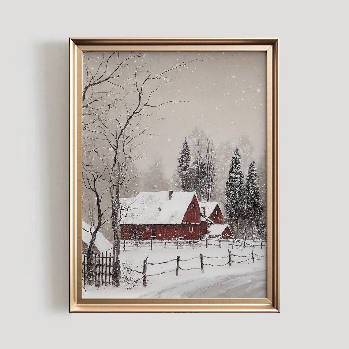 Winter Farmhouse Holiday Art Print, Vintage Red Barn