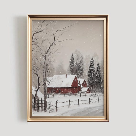 Winter Farmhouse Holiday Art Print, Vintage Red Barn