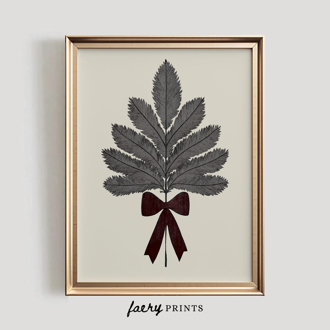 Gray Botanical Leaf Sprig with Red Bow Minimal Christmas Art Poster