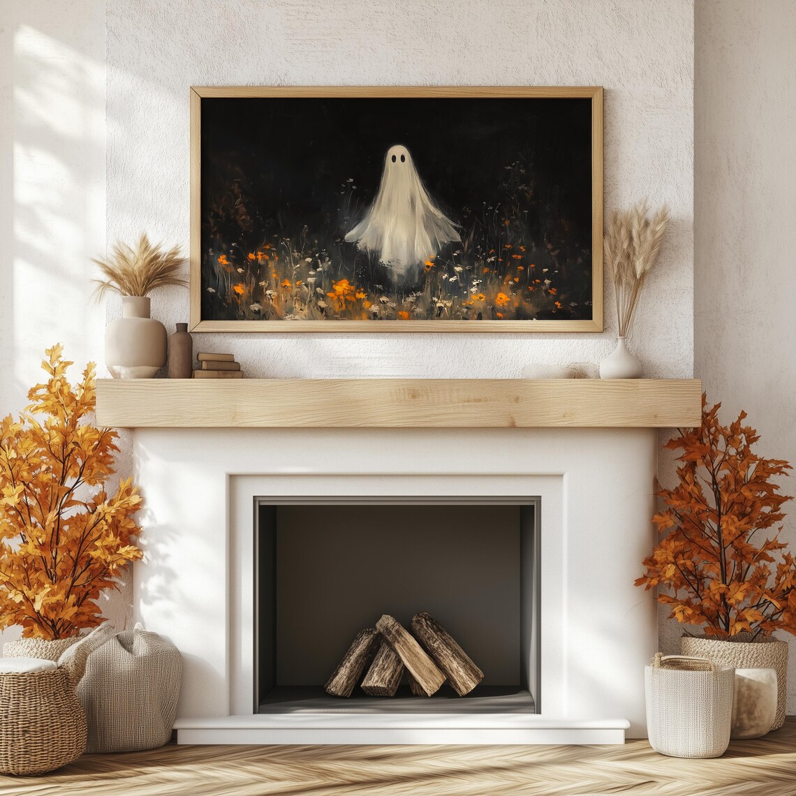Cute Little Ghost Wildflower Field Starry Night Halloween Painting Poster - Image 3