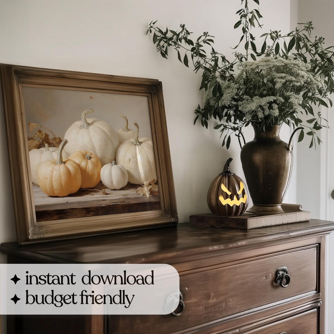Vintage White Pumpkin Art Print, Rustic Fall Painting - Image 5