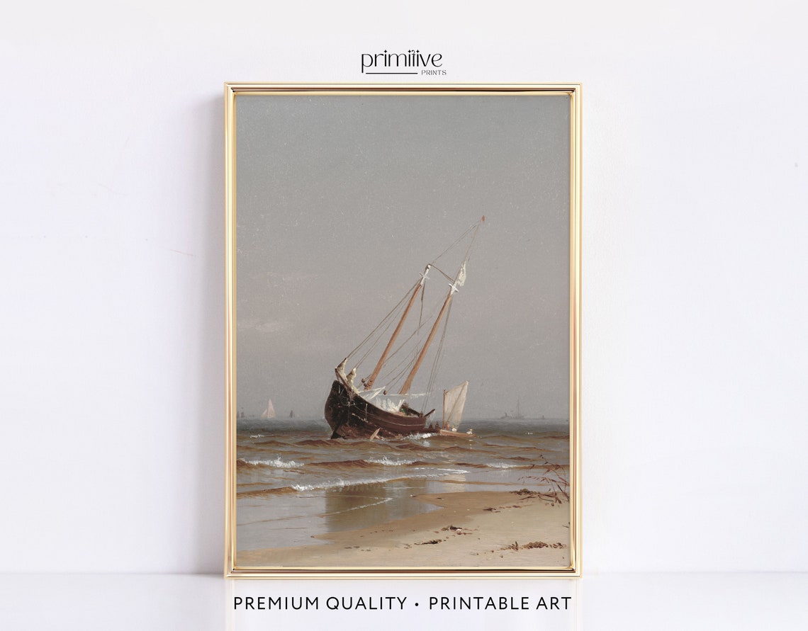 Beached Sailing Ship Shore Muted Seascape Oil Painting Poster