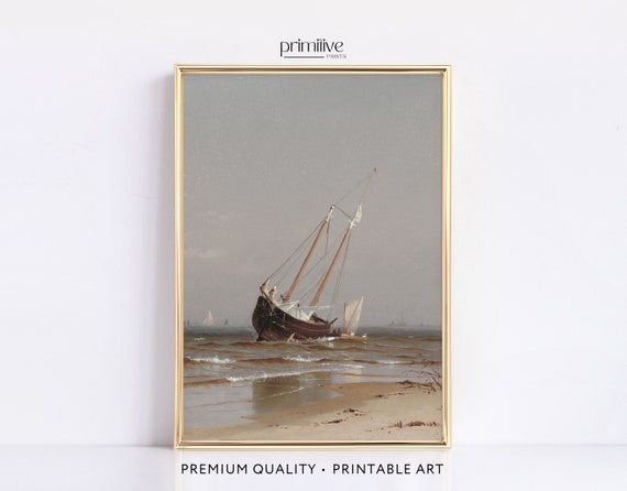 Beached Boat Print Vintage Wall Art Seascape Artwork Moody Coastal Seaside Print Antique Ocean Art 340