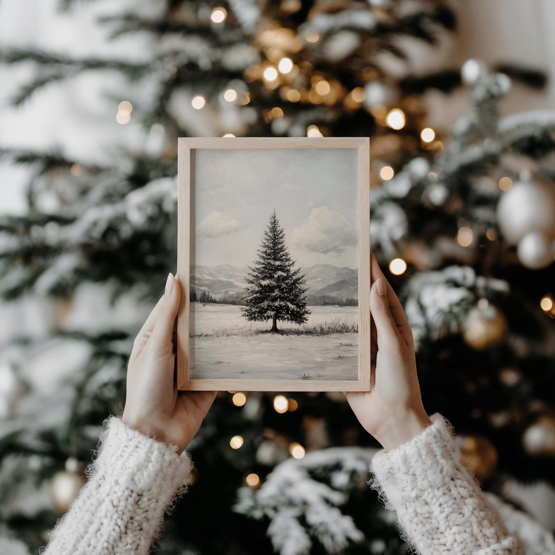 Lone Snowy Evergreen Tree Winter Field Minimalist Holiday Poster
