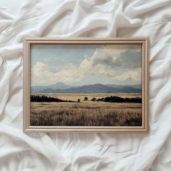 Rustic Neutral Landscape Print, Vintage Country Scenery