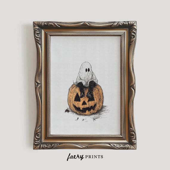 Ghost Sitting On Pumpkin Print Halloween Wall Art Cute Ghost Illustration Minimalist Spooky Decor 973