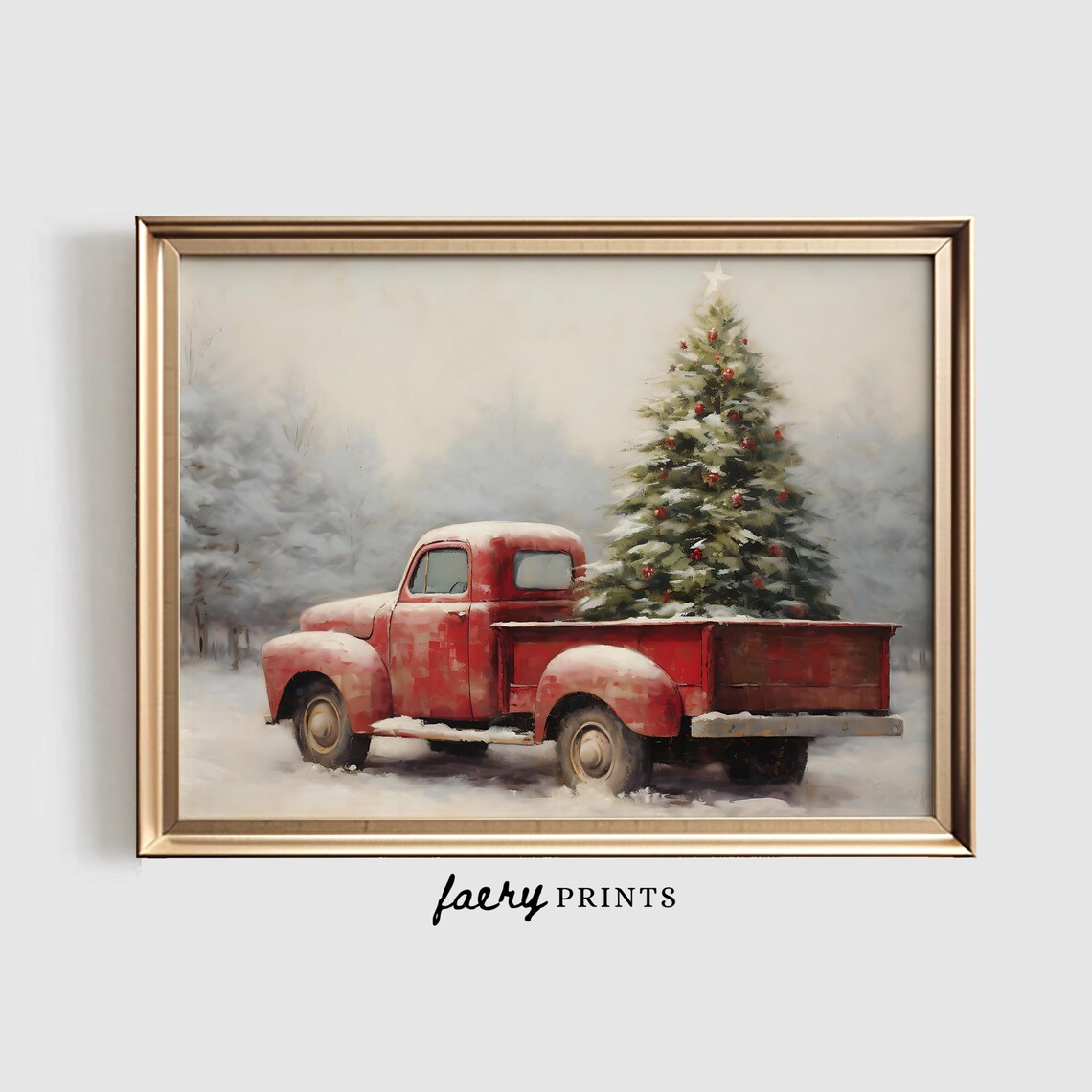 Farmhouse Christmas Red Pickup Truck Art Print