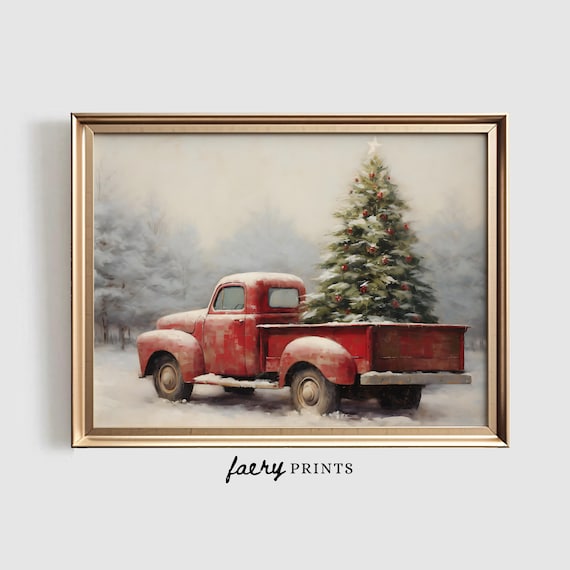 Farmhouse Christmas Red Pickup Truck Art Print