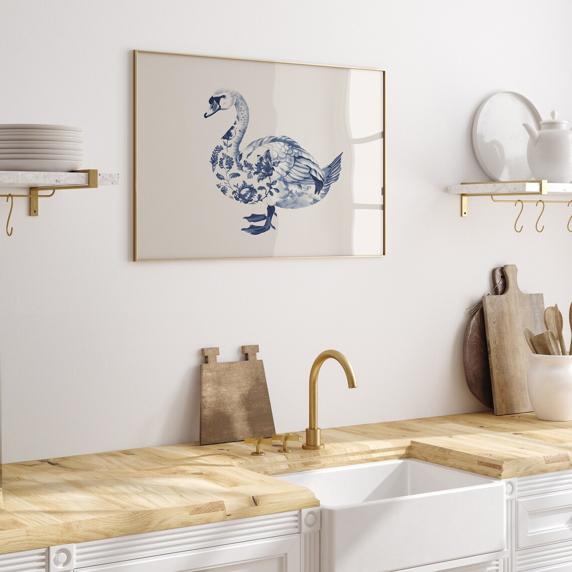 Blue White Chinoiserie Swan Delft Style Floral Garden Bird Poster - Image 5