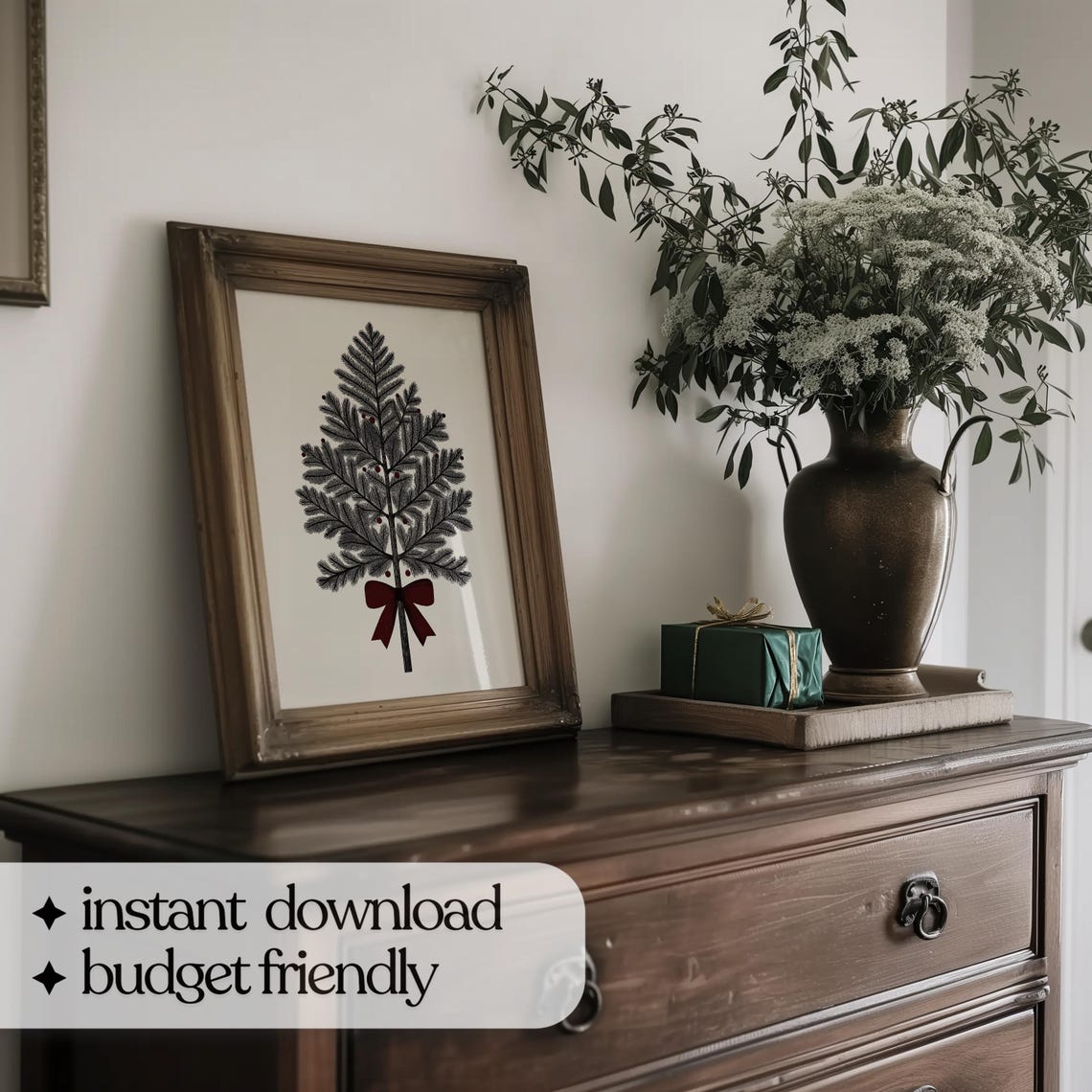Etched Pine Christmas Tree with Red Bow Botanical Holiday Art Poster - Image 4