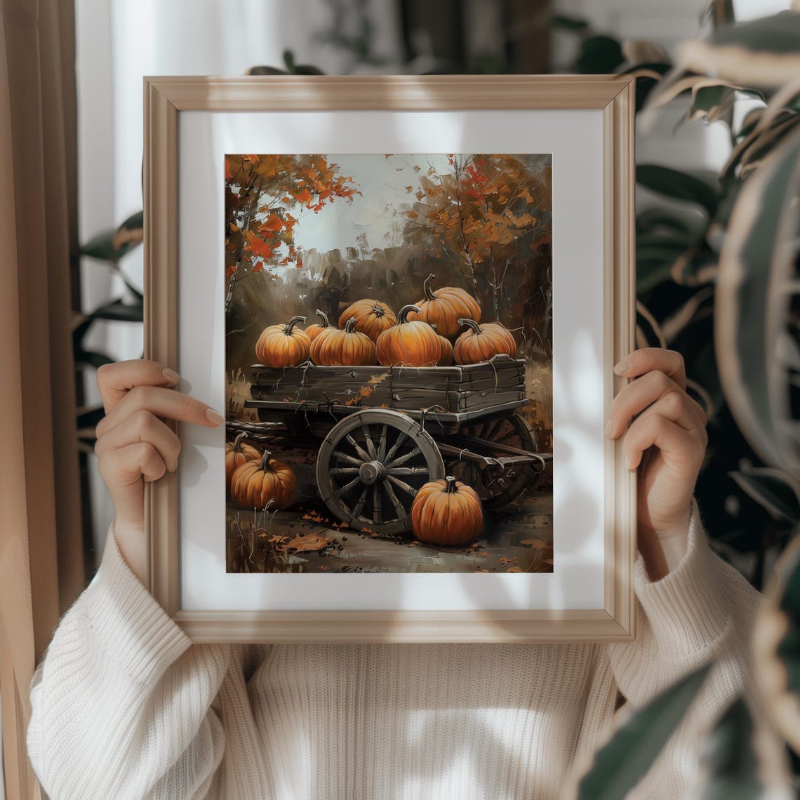 Wooden Wagon Loaded with Pumpkins in Autumn Forest Harvest Art Poster - Image 3