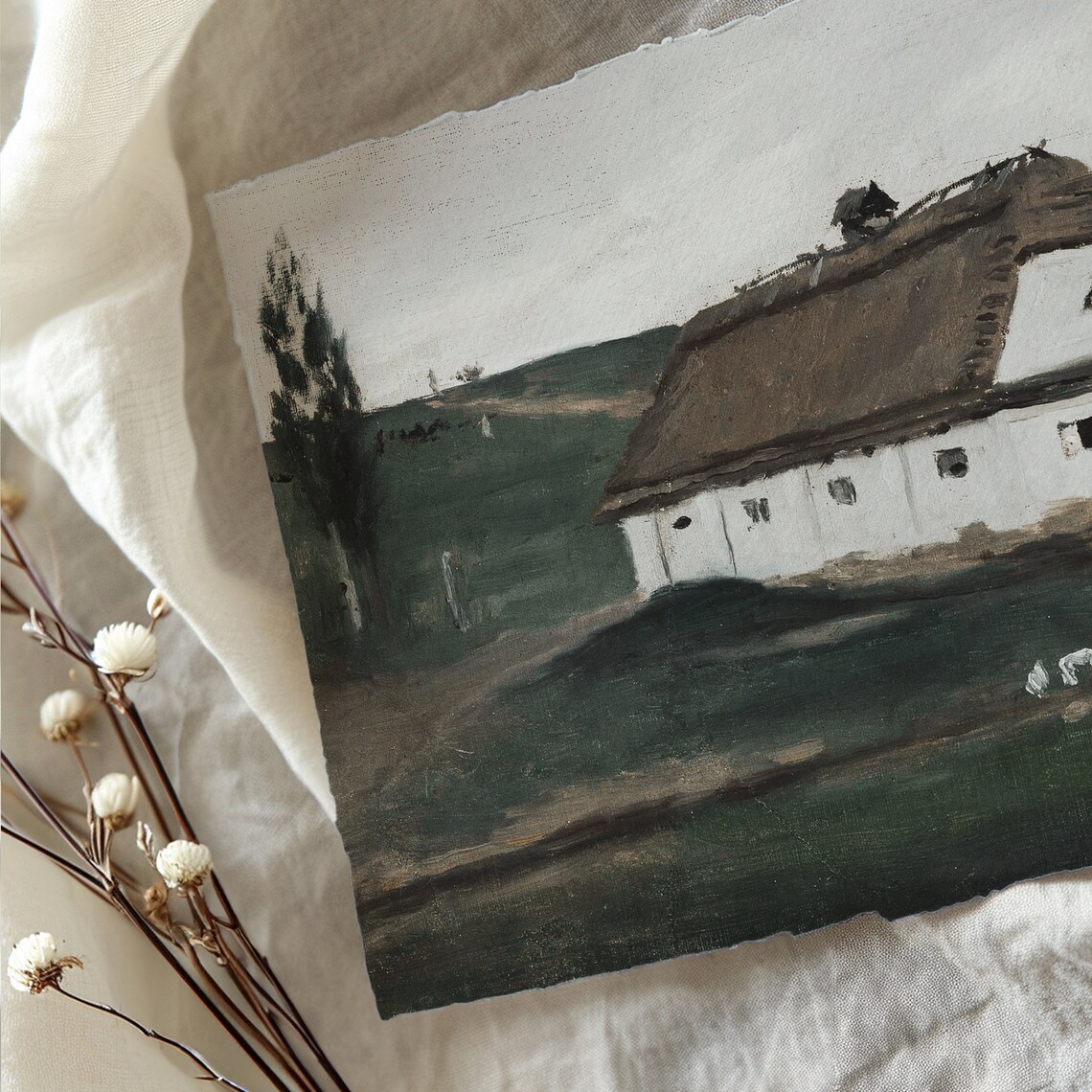 Thatched Cottage Sheep Field Folk Art Landscape Painting Poster - Image 3