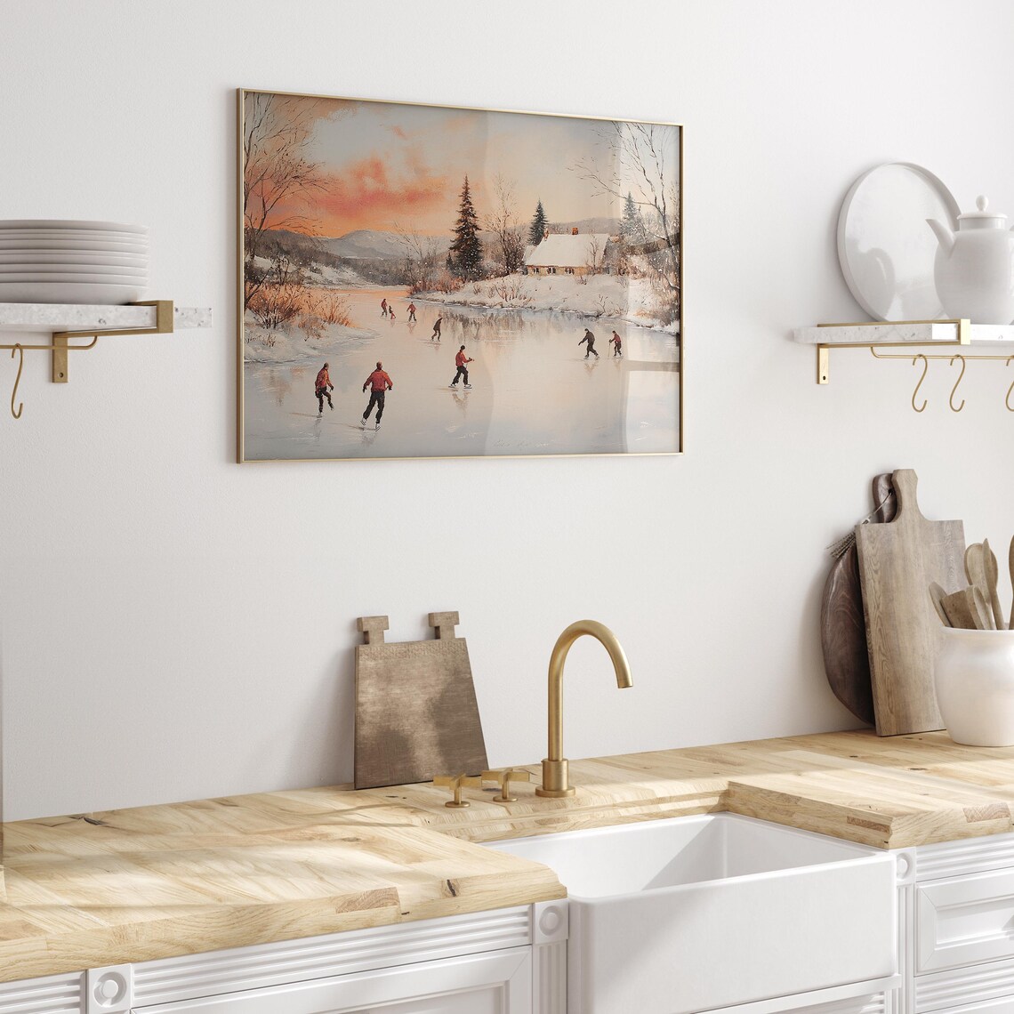 Ice Skaters on Frozen Pond at Sunset Vintage Winter Scene Poster - Image 3
