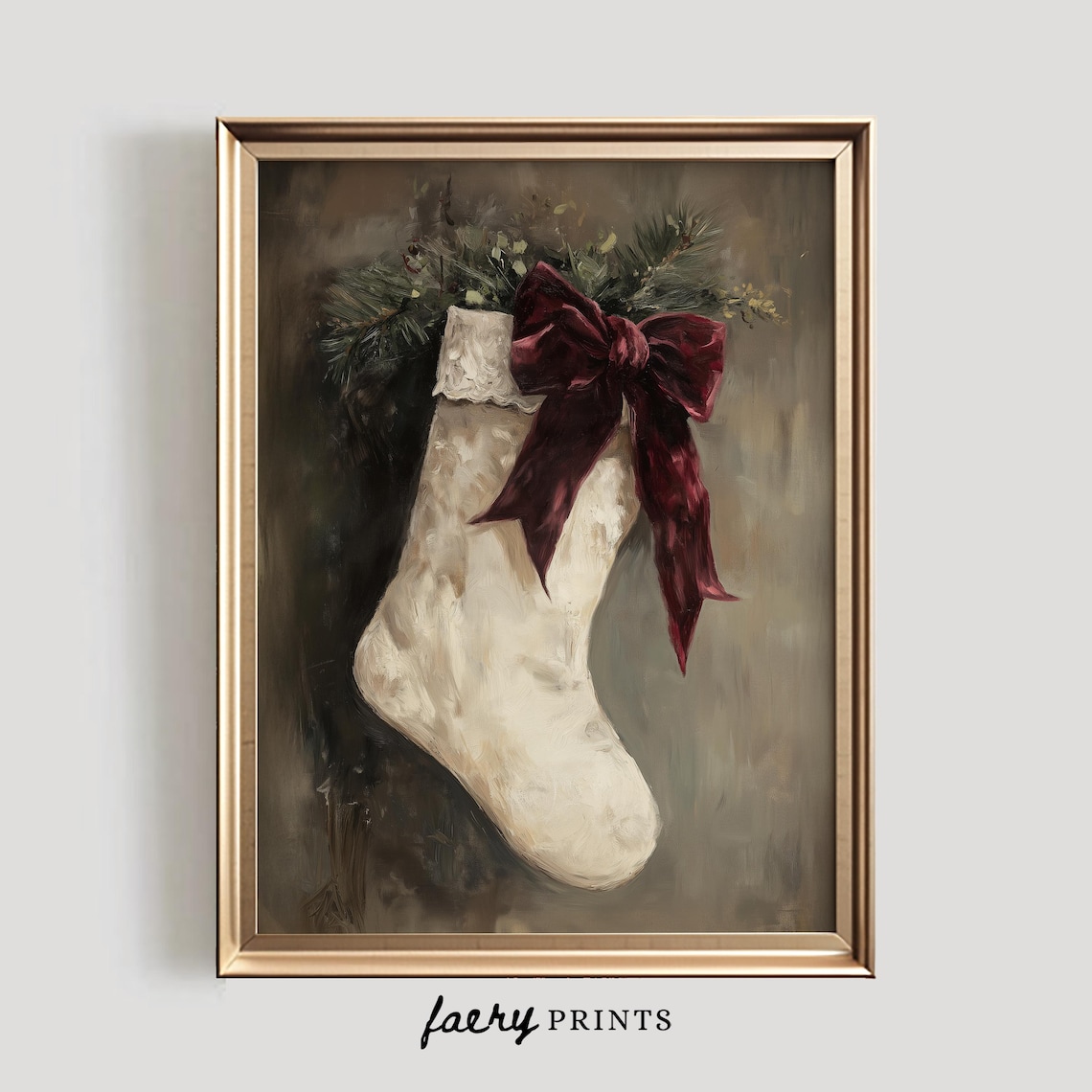 Vintage Christmas Stocking Art Print, Rustic Holiday Decor