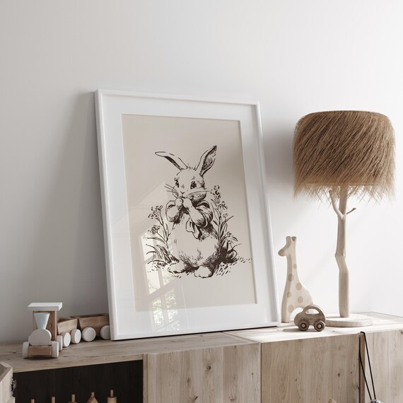 Vintage Bunny Sketch Neutral Nursery Rabbit Line Drawing Wall Art