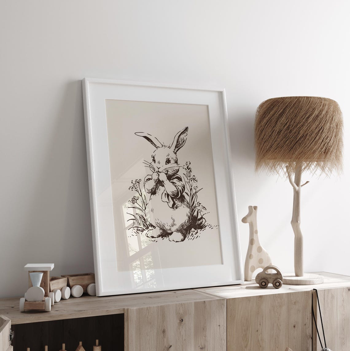 Vintage Bunny Sketch Neutral Nursery Rabbit Line Drawing Wall Art