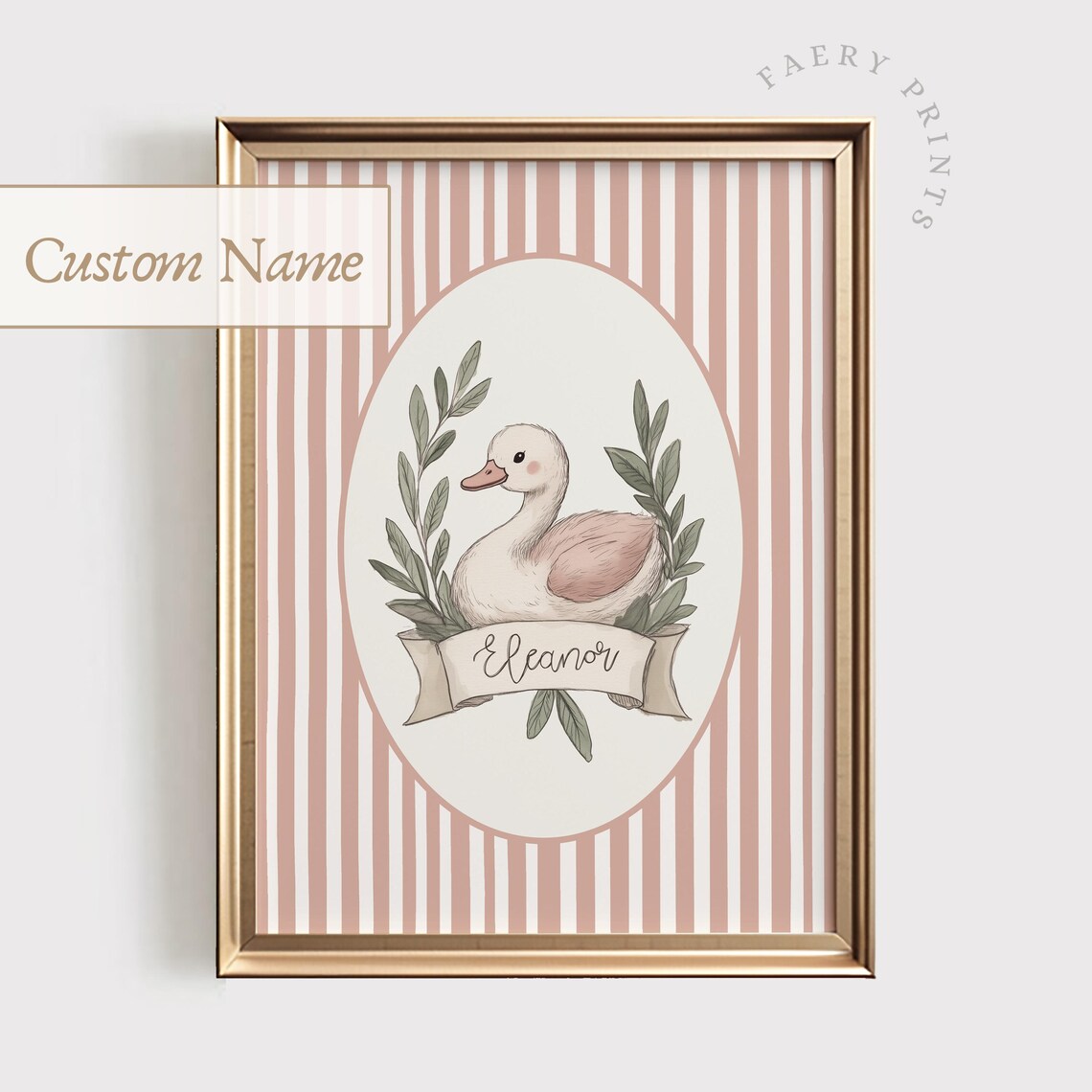 Custom Name Pink Nursery Swan Poster with Vintage Baby Swan Art