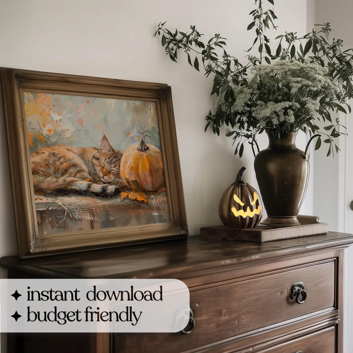 Cat Sleeping With Pumpkin Print Farmhouse Halloween Wall Art Cute Halloween Home Decor Fall Cat Print 946 - Image 5